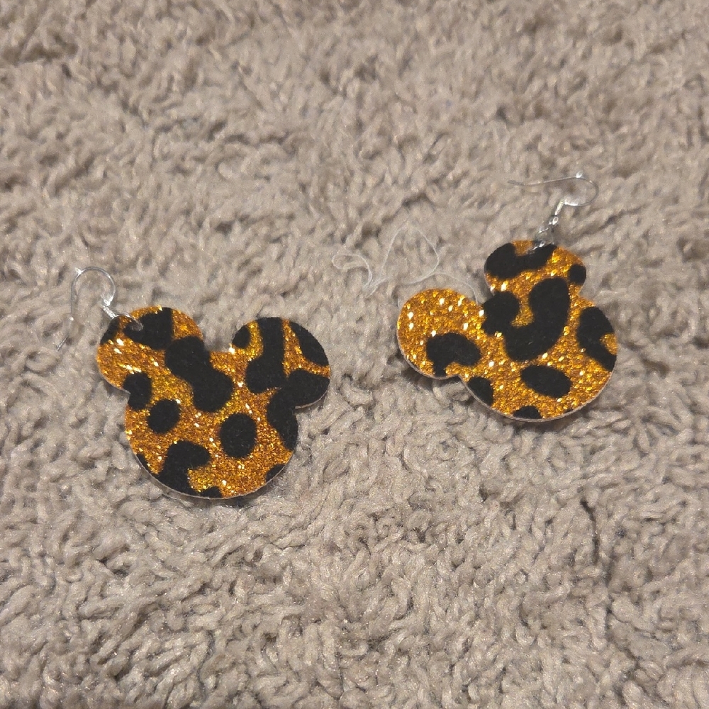 Leopard Glitter Mickey Head Dangle Earrings